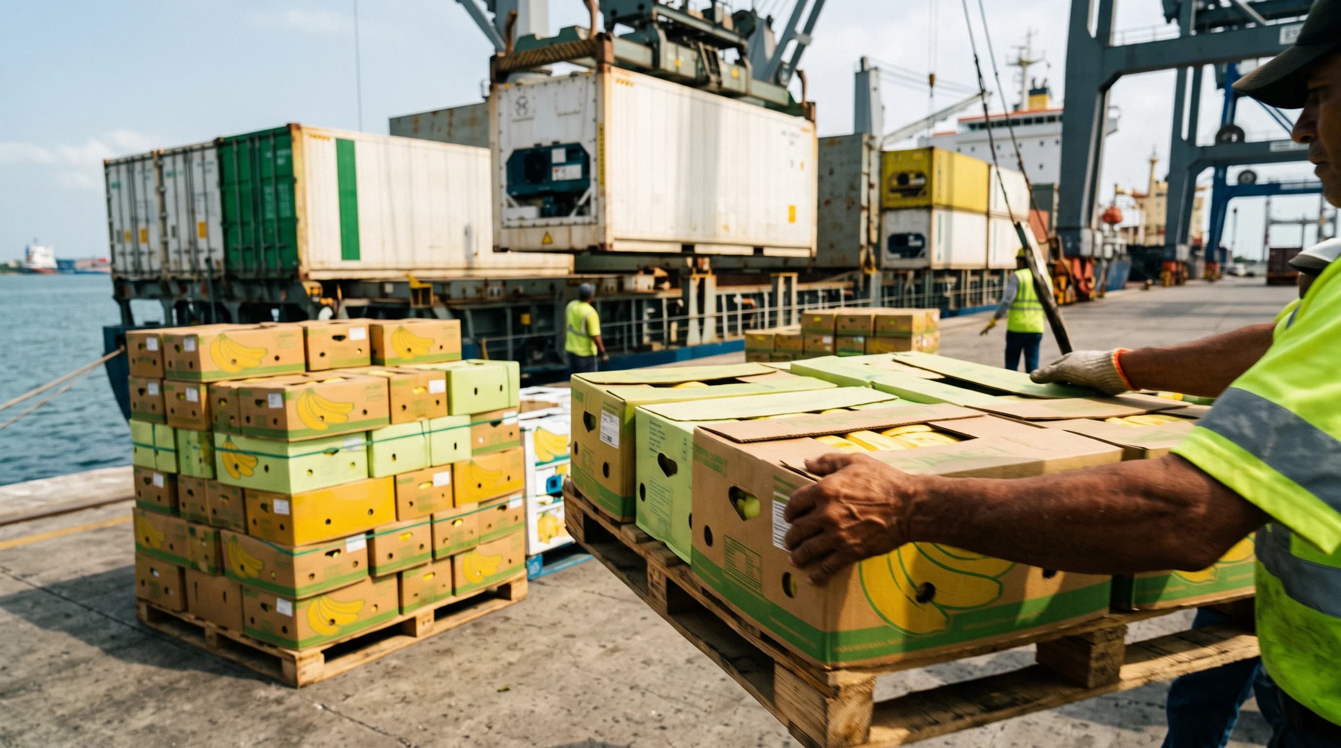 Contenedores refrigerados con cajas de banano siendo cargados en un puerto ecuatoriano para exportacion