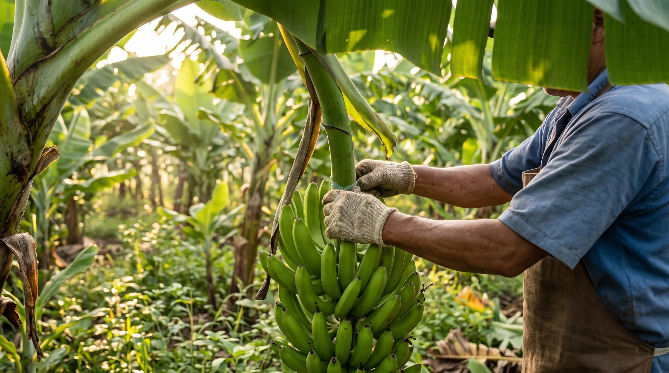 Trabajador agricola entre plantas de banano en una finca ecuatoriana bajo luz natural, contexto de sostenibilidad