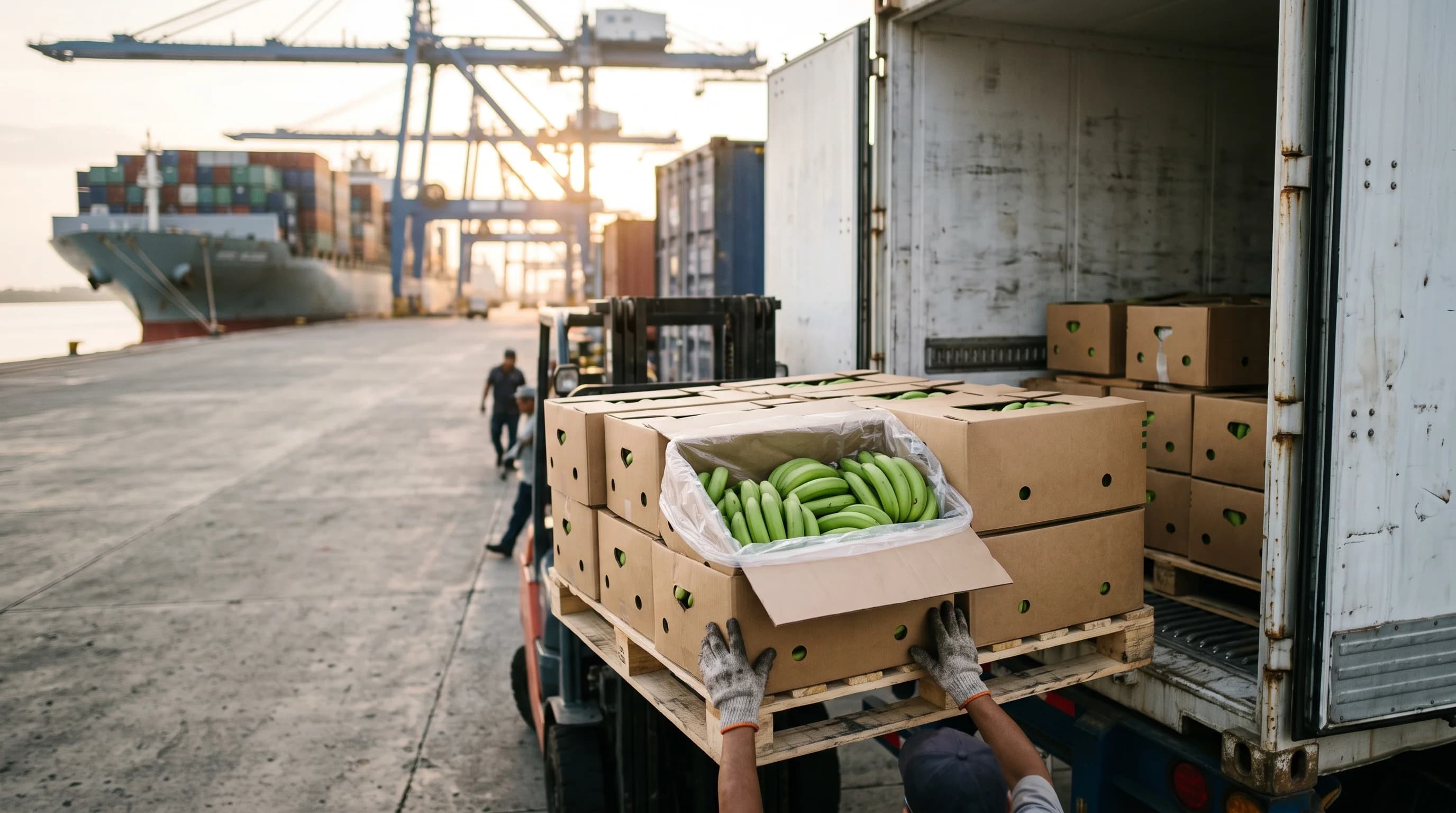 Cajas de banano ecuatoriano cargadas en contenedores refrigerados en el puerto de Guayaquil para exportación.