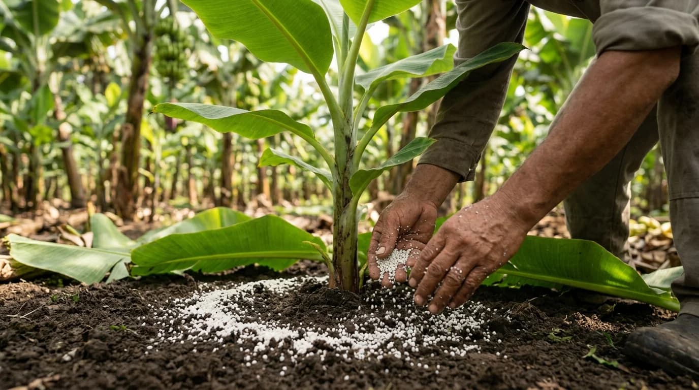 Manos de un trabajador aplicando fertilizante granulado al pie de una planta de banano en una finca de Ecuador.