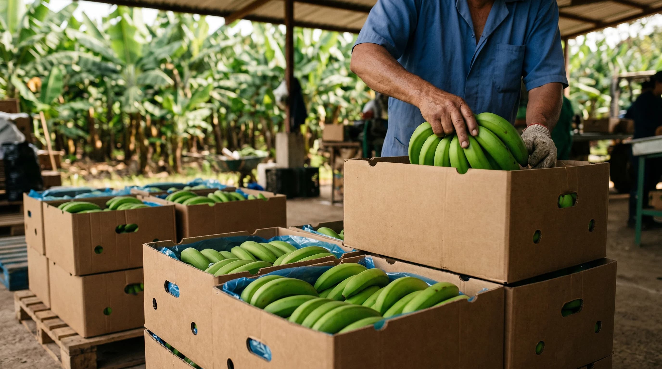 Trabajador ecuatoriano coloca manos de banano verde en cajas de exportacion en una finca, simbolo del valor del banano sostenible