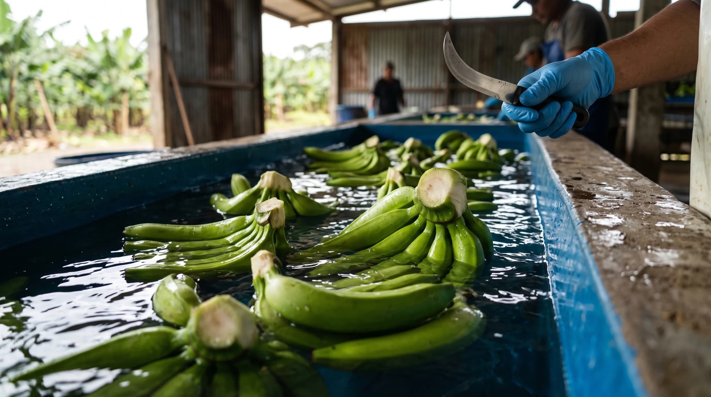 Manos de banano verde recien desmanadas flotando en la tina de lavado de una empacadora ecuatoriana, con el corte de la corona visible
