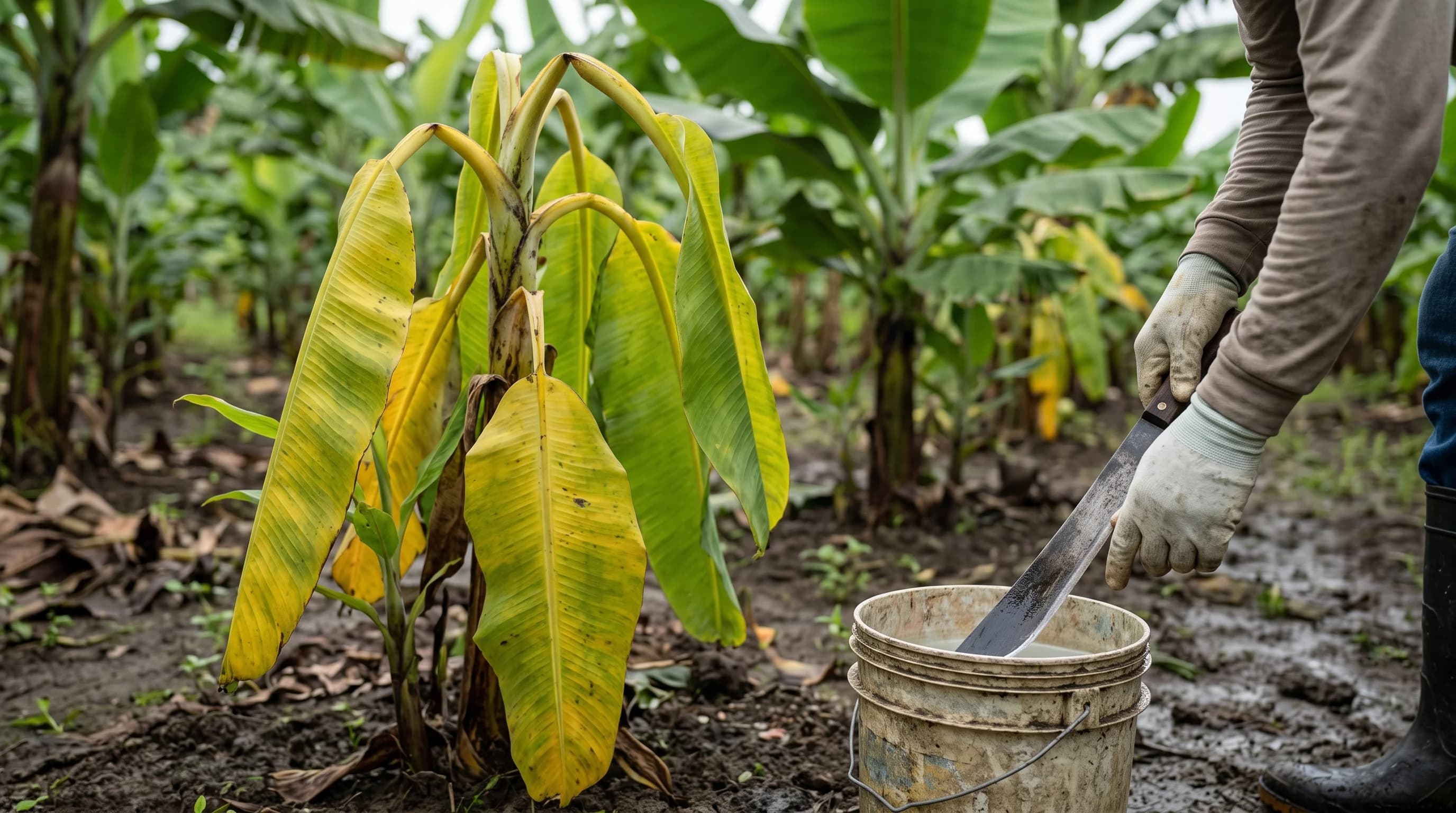 Planta de banano marchita por Moko en una finca de Los Ríos mientras un trabajador desinfecta su machete para evitar el contagio