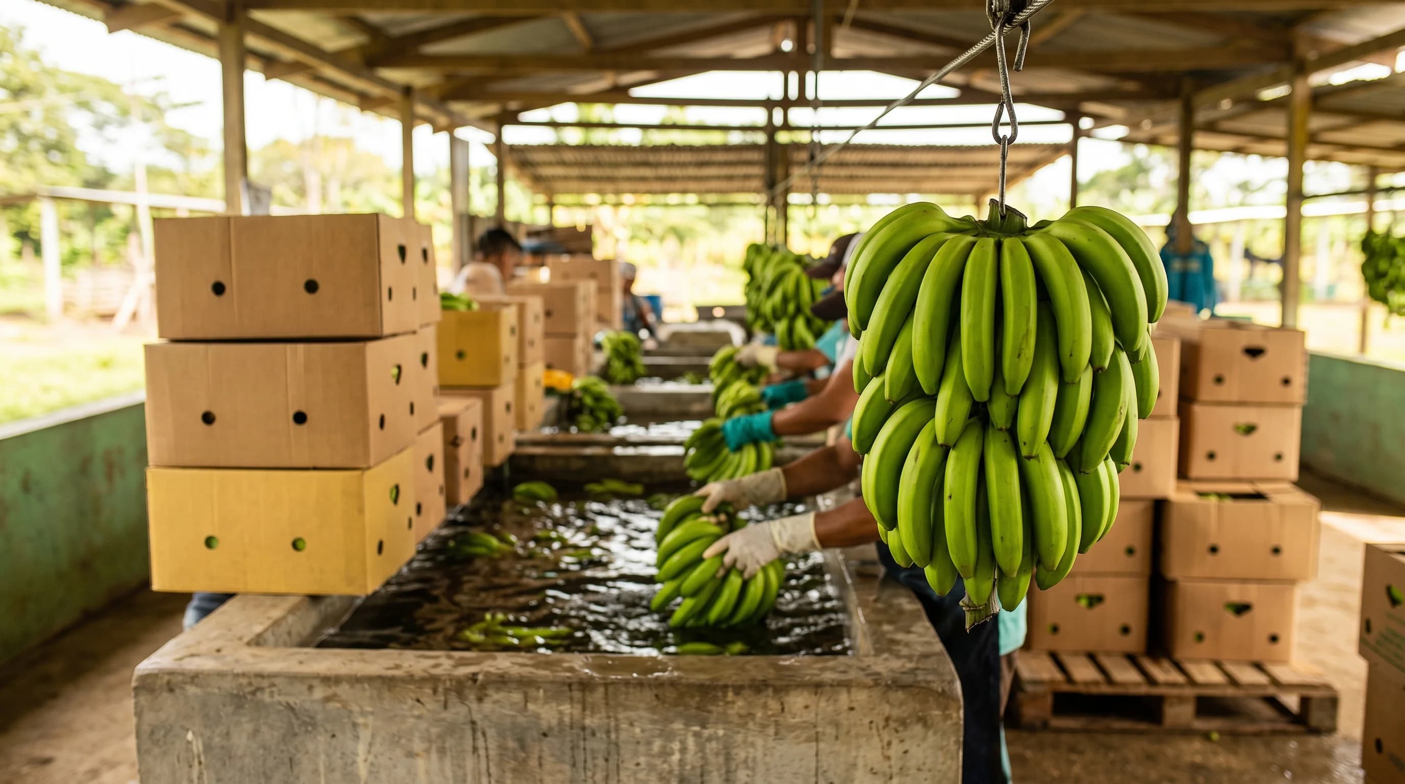 Racimo de banano colgado en el cable vía de una empacadora ecuatoriana junto a cajas listas para empacar la fruta