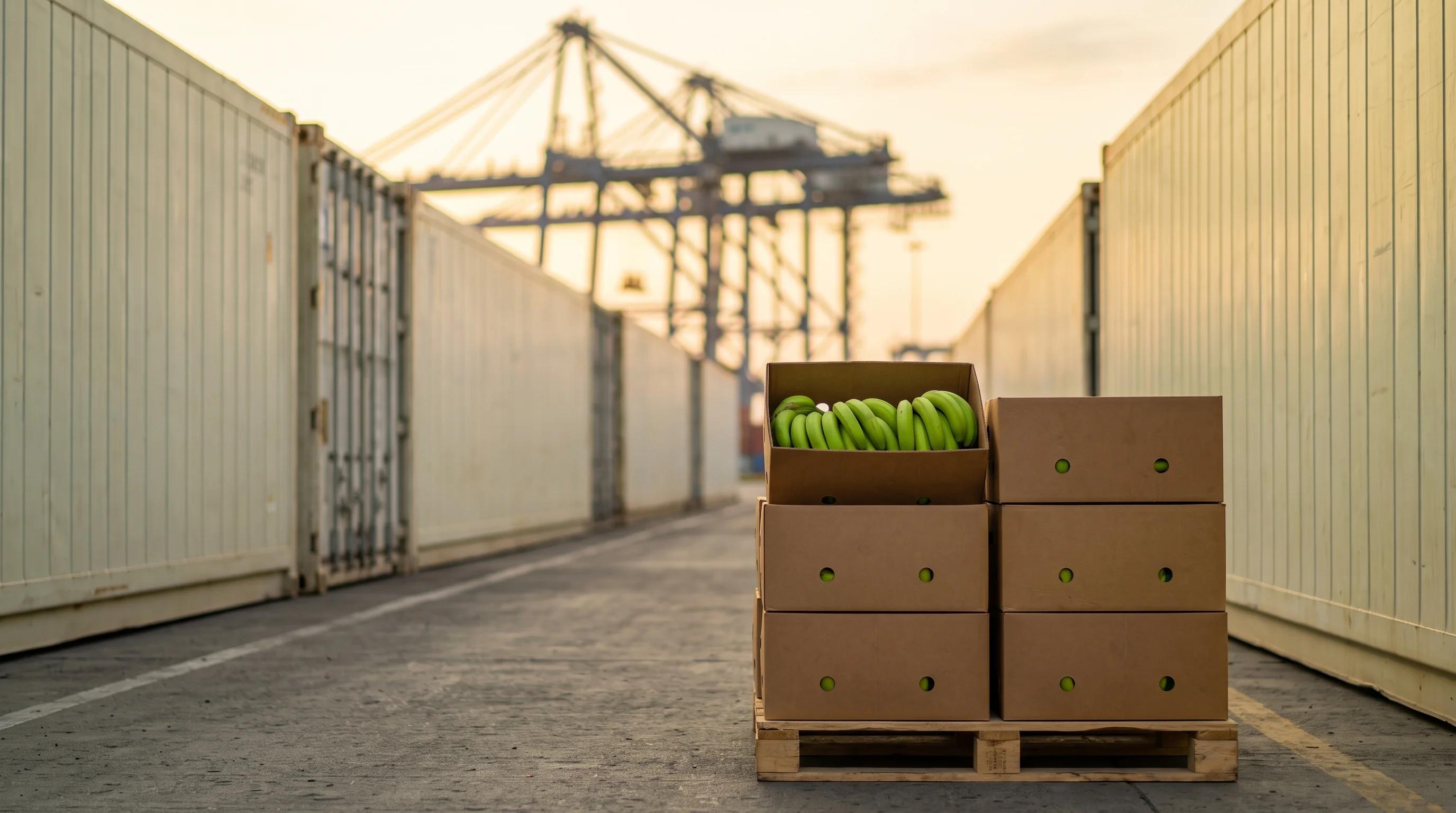 Palé de cajas de banano verde ecuatoriano junto a contenedores refrigerados en el puerto de Guayaquil listo para exportar a Asia