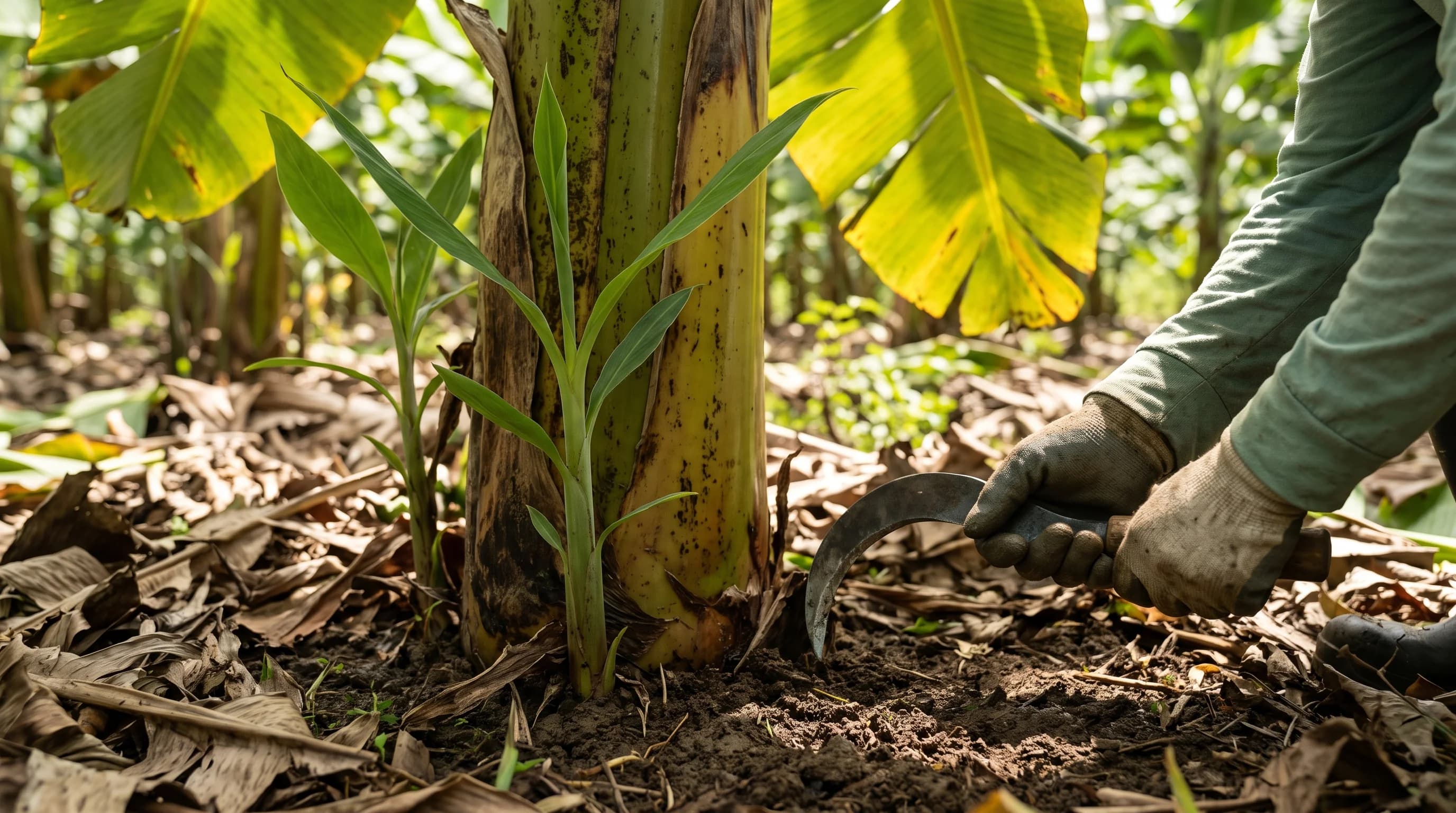 Trabajador con herramienta de deshije junto a un hijo de espada en la base de una planta de banano en una finca de Ecuador