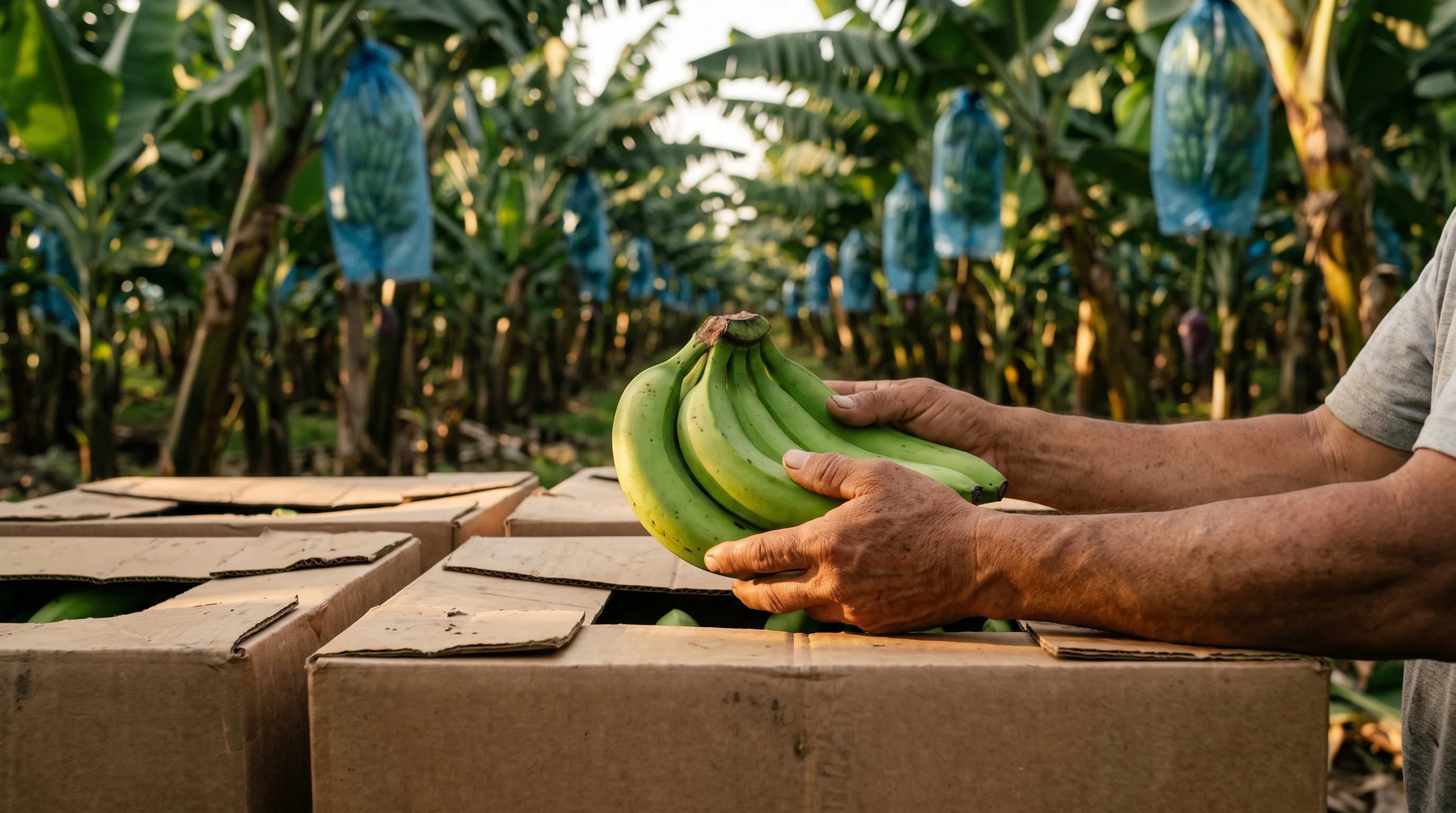 Manos de un productor bananero sostienen una mano de banano verde junto a cajas de cartón en una finca de Ecuador