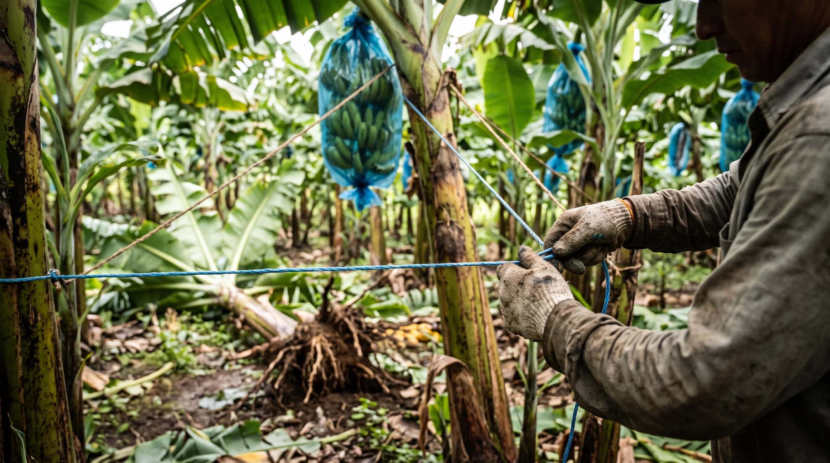 Trabajador ajusta la piola que sostiene una planta de banano con racimo, junto a una planta volcada en una finca de Ecuador