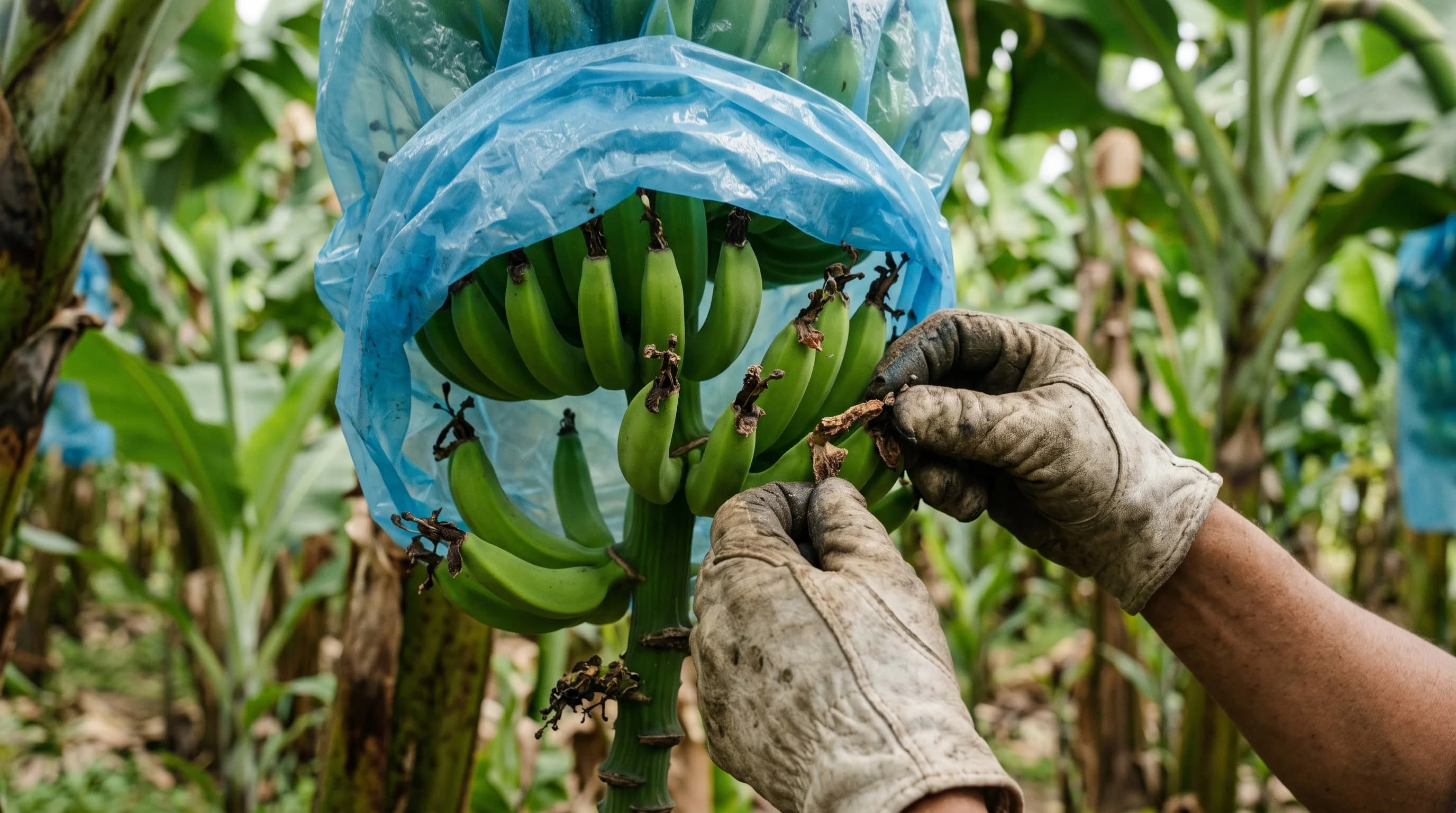 Manos con guantes retirando los restos florales secos de la punta de los dedos de un racimo de banano verde protegido con funda azul
