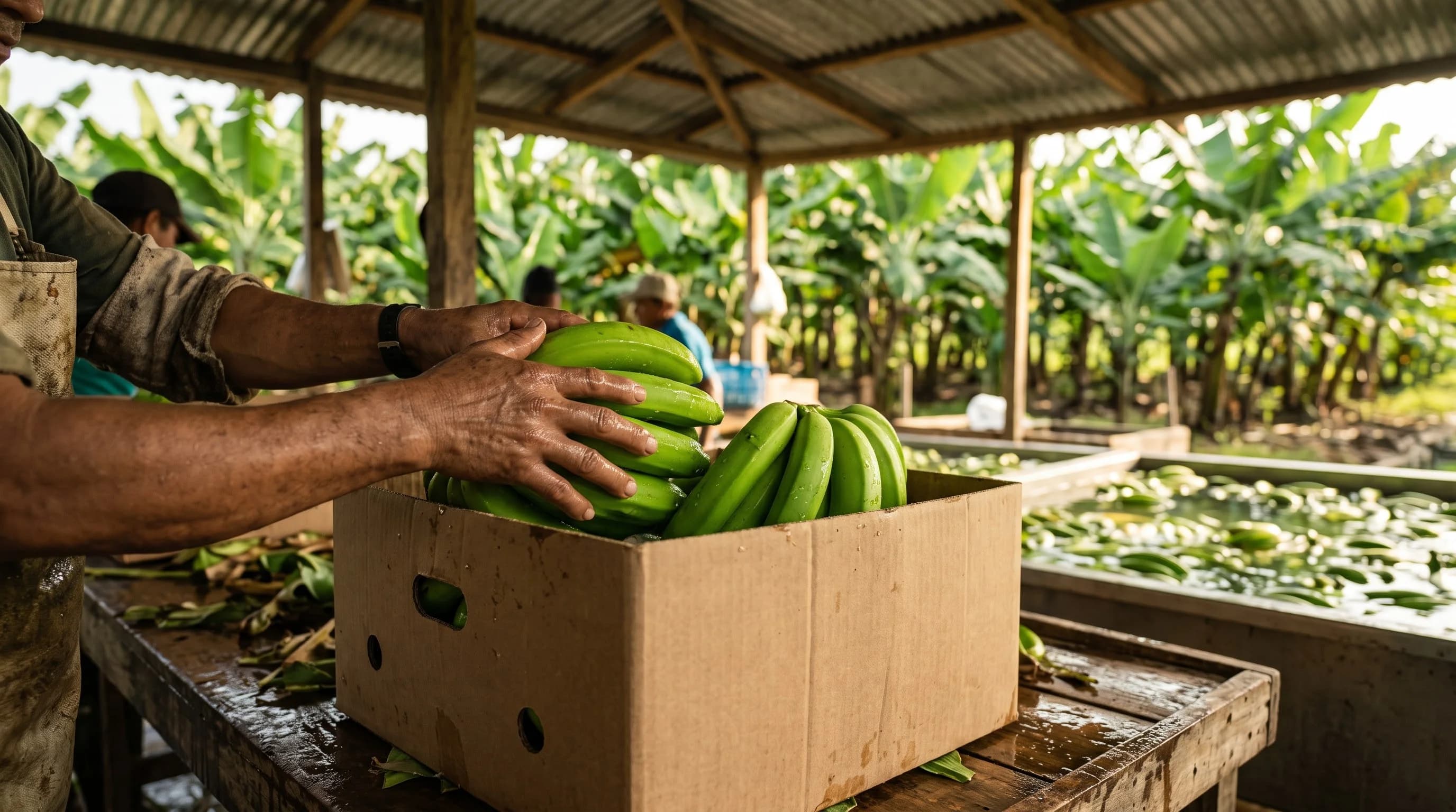 Manos de un trabajador colocando racimos de banano verde en una caja de cartón dentro de una empacadora abierta con la plantación al fondo