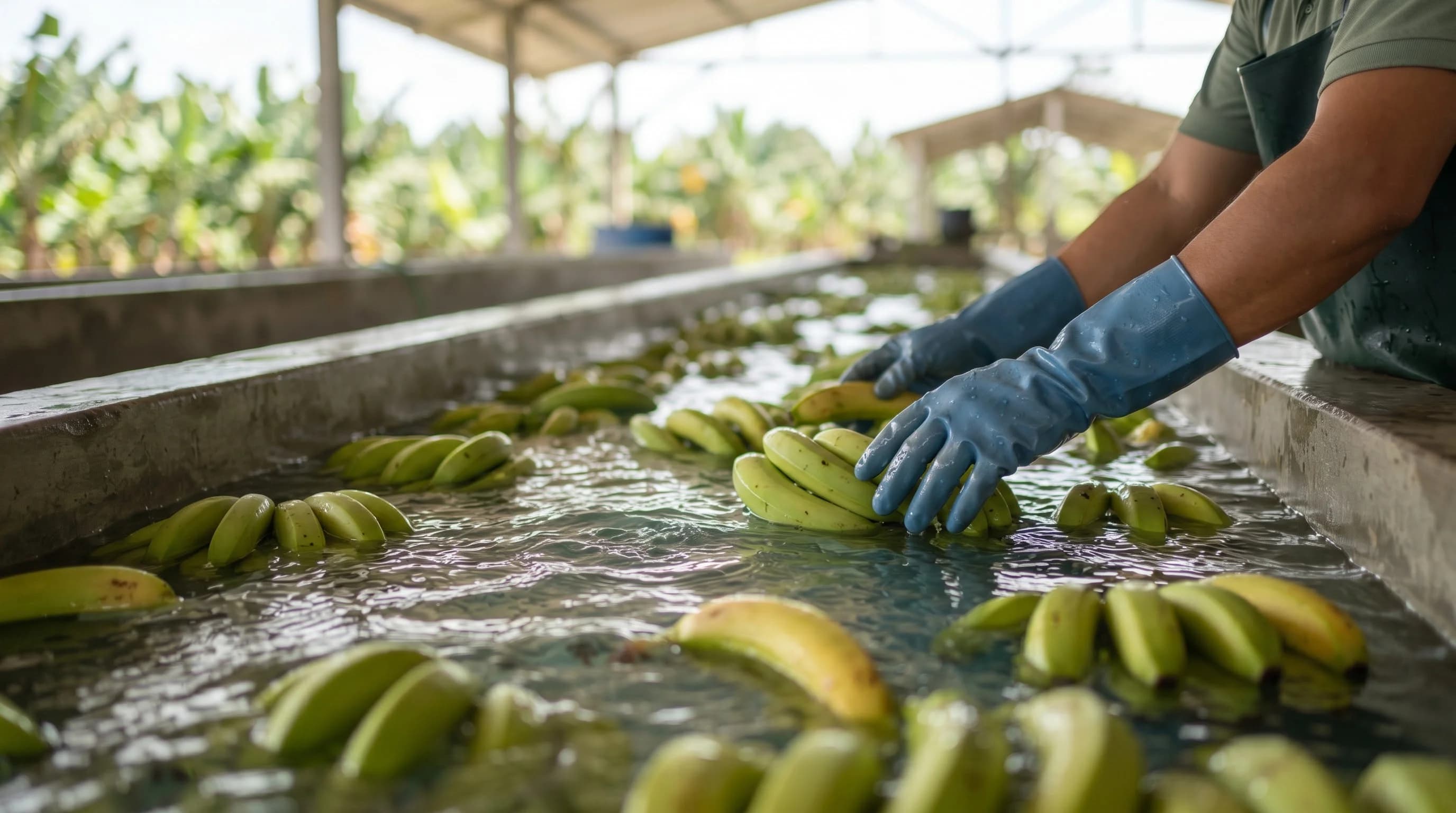 Clústeres de banano verde flotando en una tina de desleche mientras un trabajador los guía en una empacadora de Ecuador