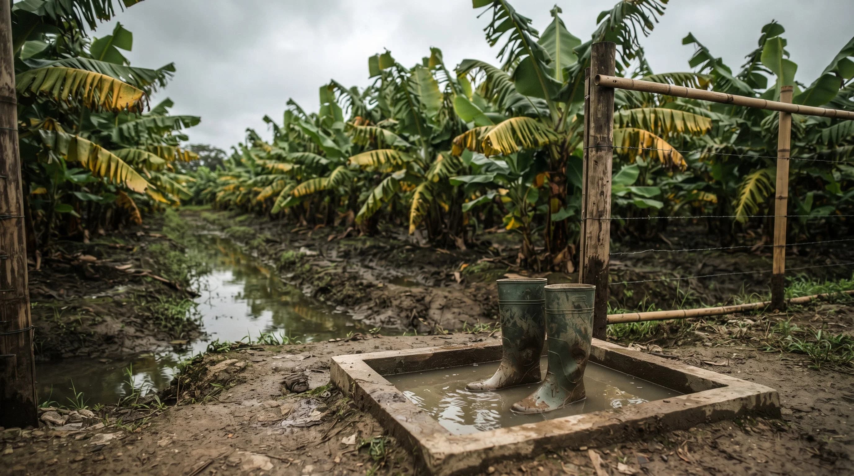 Plantación de banano en El Oro con suelo inundado y un pediluvio de bioseguridad contra el Fusarium R4T en la entrada de la finca
